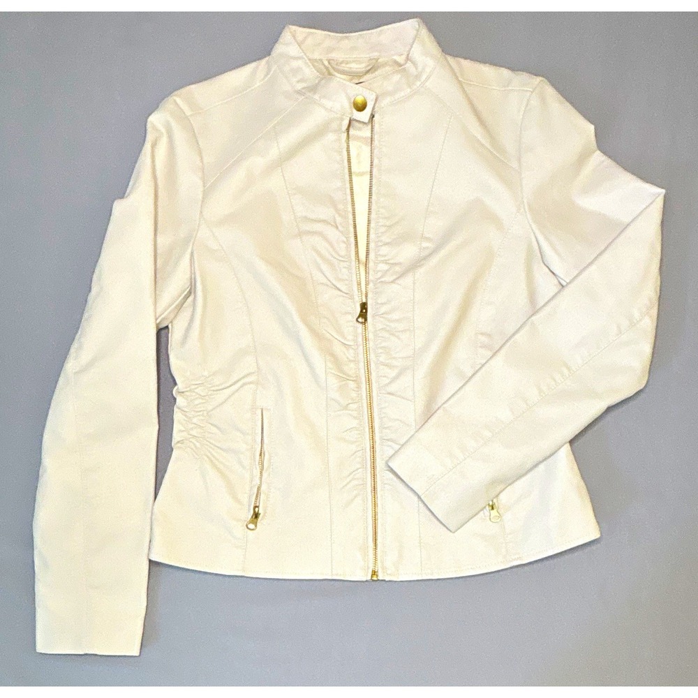 Baccini Cream Faux Leather Moto Jacket Womens Petite Medium Ruched Gold Zip P M